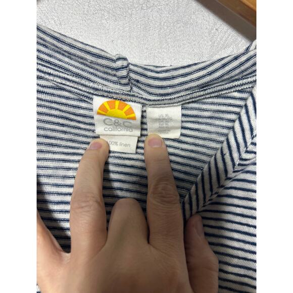 C&C California 100% Linen Shirt XL Blue White Striped Hooded Roll Tab Sleeves - Picture 5 of 10